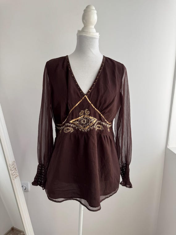 Vintage Sheer Brown Tulle Blouse Size M, Y2K Festival Fairy Grunge Boho Hippie Top, Gold Sequin Beaded Shirt, Crinkle Gauze V-Neck Tunic