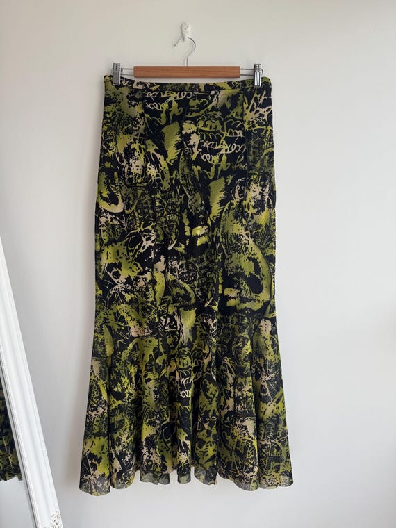 90s French Vintage Garella Mesh Maxi Skirt, Chartreuse Green & Black Abstract Print Mermaid Skirt, Long Stretchy Skirt Made in France Size L