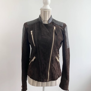 Veste en daim marron pour femme taille petit S, veste de moto en cuir souple vintage, veste motard en cuir suédé, veste ajustée en daim zippée Année 2000
