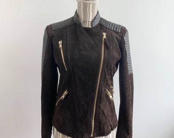 Brun mockajacka för kvinnor storlek Small S, Vintage mjuk lädermotojacka, mockabikerjacka i läder, Y2K-dragkedja i mocka
