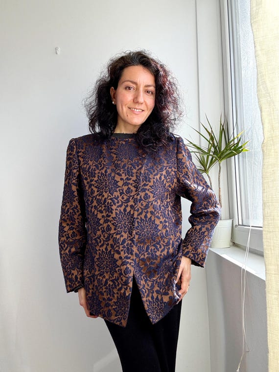 Vintage Copper Bronze Brocade Jacket with Navy Blue Flowers, Elegant Floral Antique Gold Jacquard Blazer, 80s Evening Party Wear Coat Size L