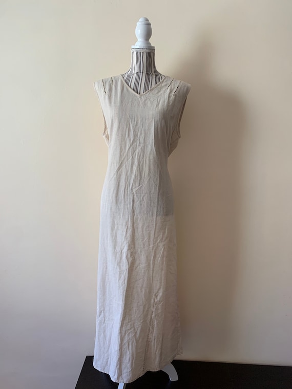 Cream Beige Tie Back Long Summer Dress, Vintage Sleeveless Cotton Maxi Dress, Casual Boho Kaftan Dress , Back Slit Straight Sarafan Dress
