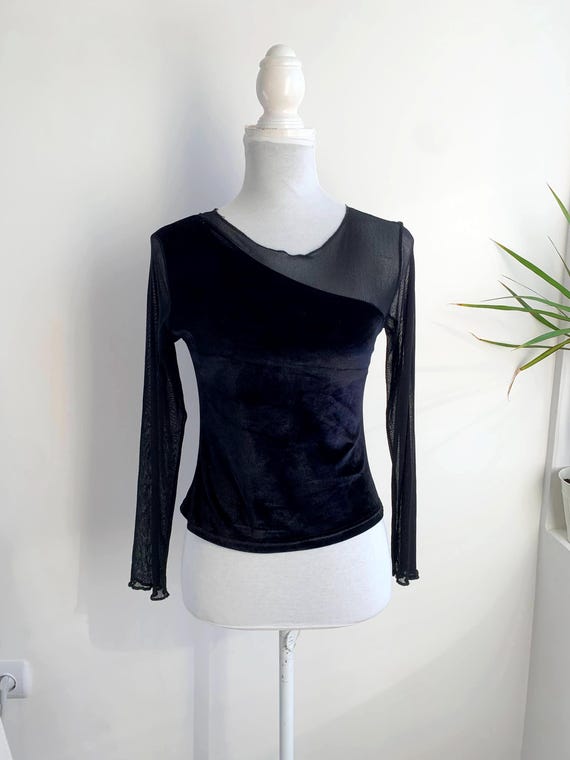 Vampy Goth Vintage 90s Black Velvet Mesh Blouse Size S, Asymmetrical Long Sleeve Sheer Tulle Grunge Y2K Going Out Club Crop Top
