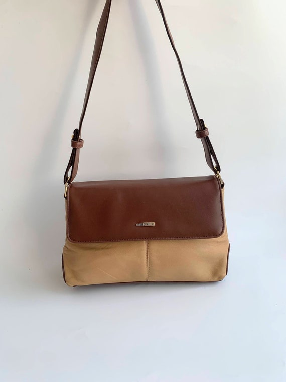 Soft Vegan Leather Shoulder Bag for Women, Two Tone Brown Beige Faux Leather Handbag, Classic Vintage 90s Small Tote Purse, Top Handle Bag