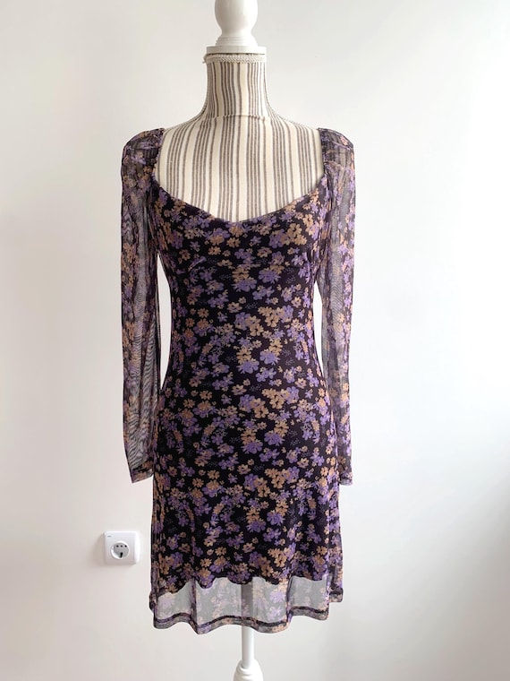Vintage 90s Mesh Floral Mini Dress Size S, Long Sheer Sleeve Purple Flower Print Overlay Dress, Y2K Aesthetic Italian Square Neck Dress