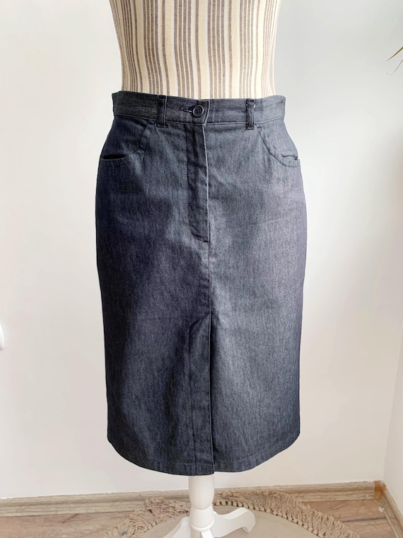Vintage Sisley Blue Denim Skirt Size S, 90s Light Cotton Chambray Skirt, Grunge Midi Skirt, Classic Casual Front Split Denim Pencil Skirt