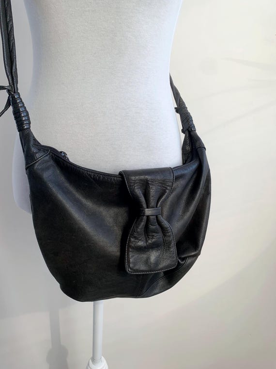90s Distressed Soft Leather Hobo in Dark Grey/ Faded Black, Taupe Crossbody Bag, Bow Flap Slouchy Shoulder Purse, Medium Size Handbag
