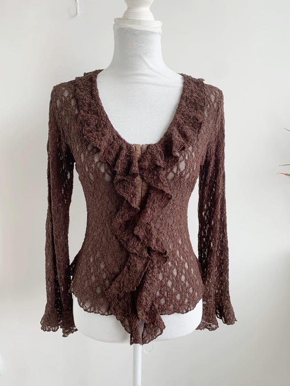 French Vintage Y2K Brown Lace Ruffle Blouse, Pas de Quoi Paris Sheer Mesh Top, Coquette Romantic Dark Academia Flare Sleeve  Grunge Blouse
