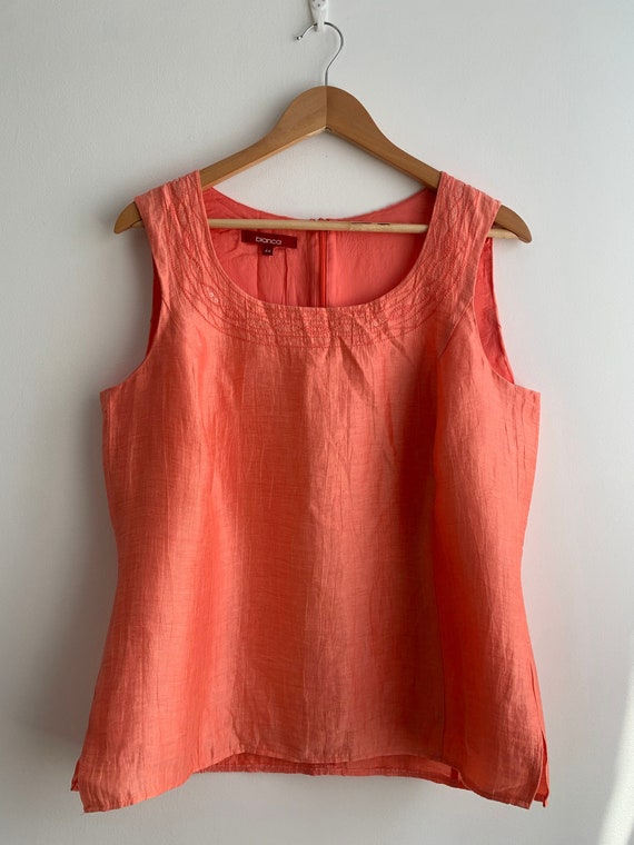 Vintage Linen Tank Top Women Size XL, Plus Size Summer Sleeveless Linen Blouse, Salmon Orange Linen Shirt, Elegant Linen Vest, Linen Clothes