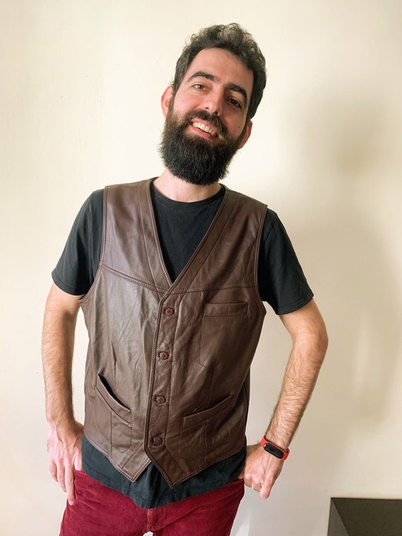 Vintage 80s Leather Vest for Men, Brown Real Leather Vest, Riding Vest, Biker Leather Vest, Motorcycle Vest, Rocker Waistcoat, Gift for Him