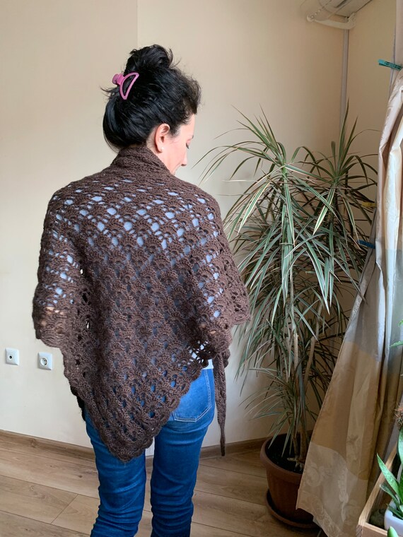 Brown Mesh Fishnet Lace Crochet Shawl, Vintage Bo… - image 7