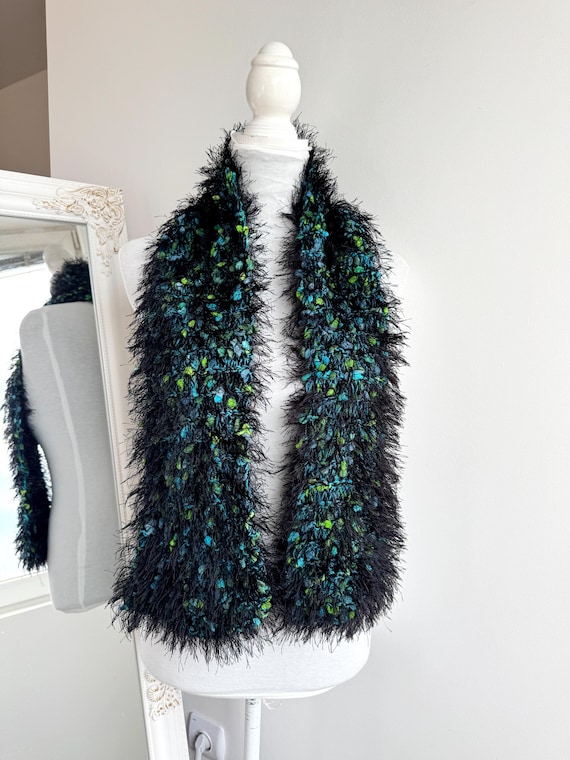 Vintage Fuzzy Eyelash Scarf, Y2K Colorful Teal Blue Lime Green Scarf, Funky 90s Bobble Knit Neck Wrap, Whimsigoth Boho Retro Winter Gift
