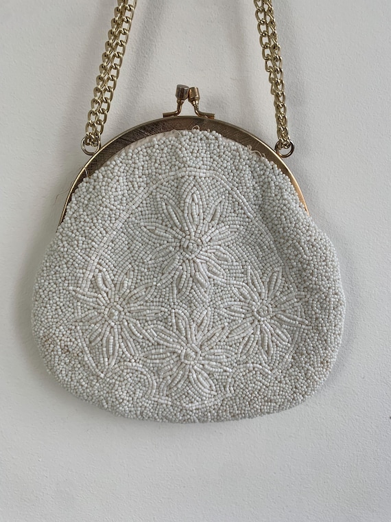 Vintage White Seed Bead Purse, Small Beaded Evening Bag With Gold Chain Strap, Handmade Beadwork Mini Kiss Lock Clutch, Bridal Handbag
