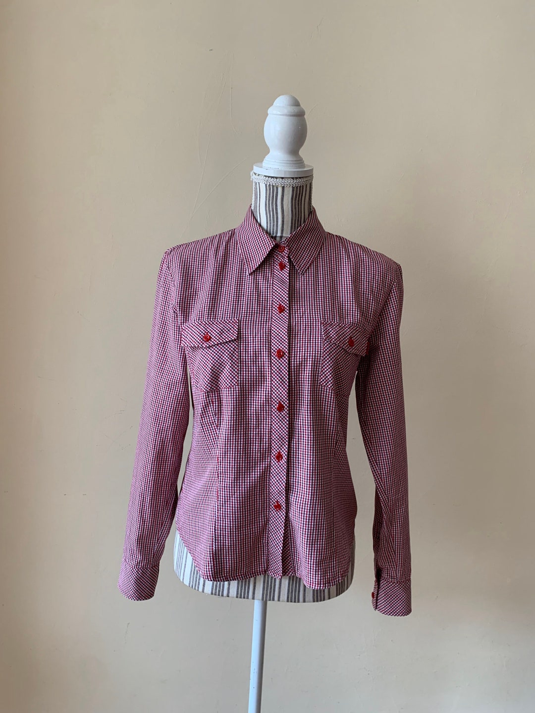 Camisa de cuadros escoceses roja y blanca para mujer, talla S