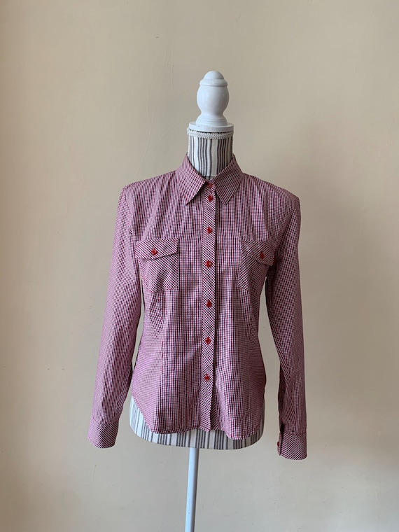 Red and White Gingham Shirt for Women Size S, Esprit Tartan Plaid Shirt, Checkered Button Down Top,  100% Cotton Long Sleeve Plaid Shirt