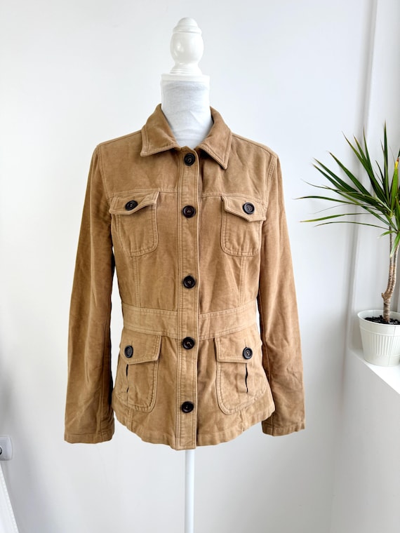 Vintage Camel Safari Jacket Women M L, 90s Utility Cotton Field Coat, Tan Military Style Jacket With Pockets, ABC Dream Italian Design Coat