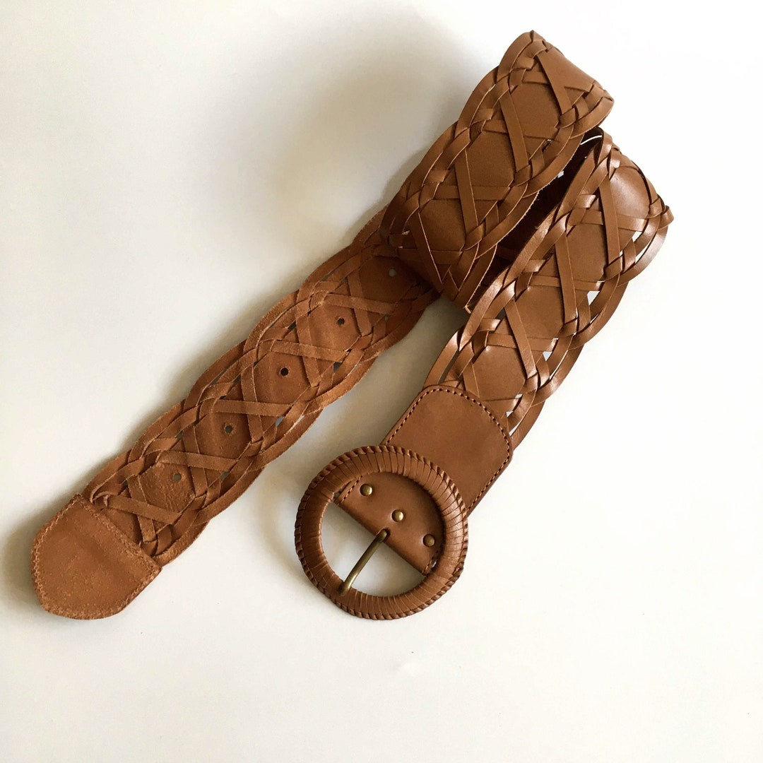 Toffee Brown Women's Leather Wide Waist Belt, Boho Woven