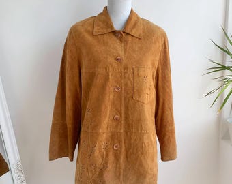 Chaqueta de ante vintage de los 90 para mujer, talla XL, estilo bohemio, de cuero camel, con cuello marrón claro, mostaza y amarillo, estilo años 70, con bolsillos laterales en el pecho.