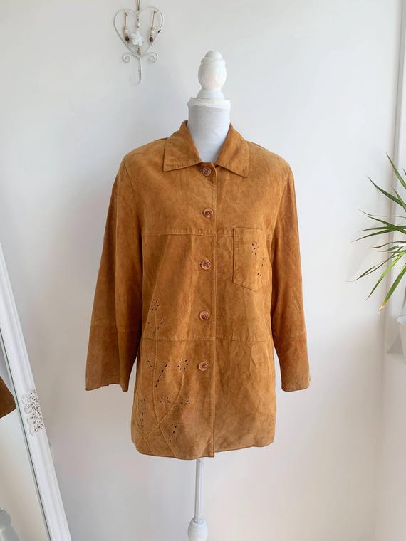 Vintage 90s Suede Jacket for Women Size XL Boho Camel Leather Blazer, Light Brown Mustard Yellow Collared 70s Style Coat Side Chest Pockets