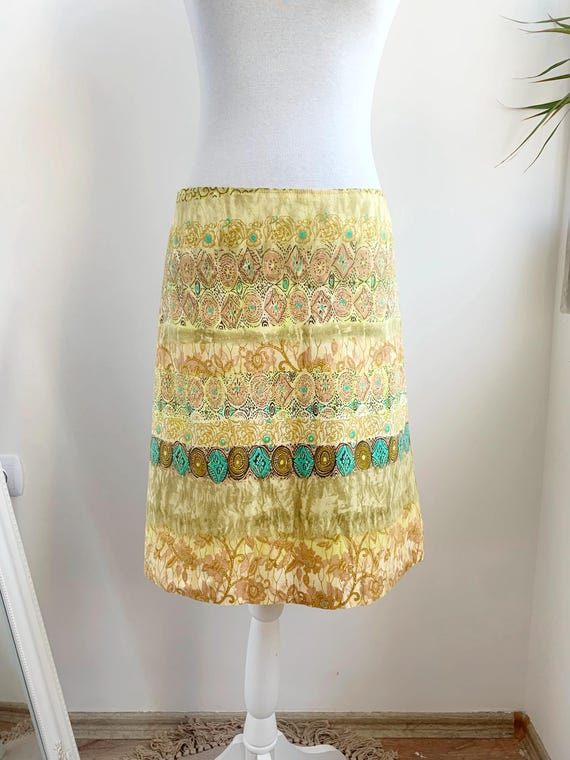 Vintage Gianini Cotton Y2K Mini Skirt Size M Boho Hippie Earthy Tones Yellow Turquoise Mandala Print Unique Sustainable 90s Festival Wear