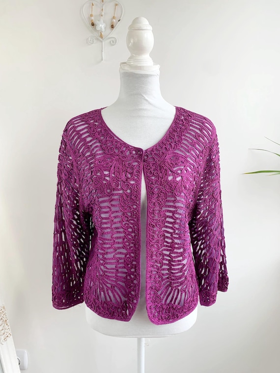 Vintage Sara Louise Purple Lace Cardigan Size M,  Single Button Embroidered Tulle Shrug, Sheer Openwork Light Coat, Mesh Bolero Jacket
