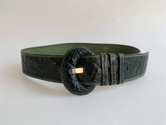 Vintage Dark Green Leather Waist Belt for Women 80 cm 31", Statement D Ring Wide Leather Belt, Cowhide Adjustable Textured Croc Leather Belt