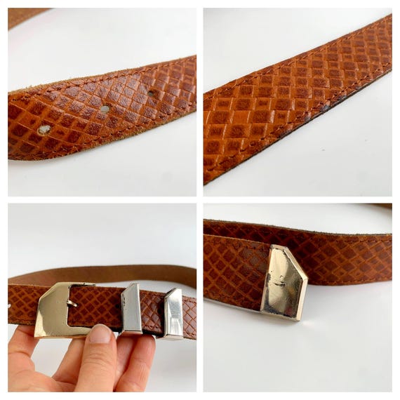Ceinture Fine En Cuir Marron Et Bleu Brillant - Réglable Métal Argenté Vintage 80