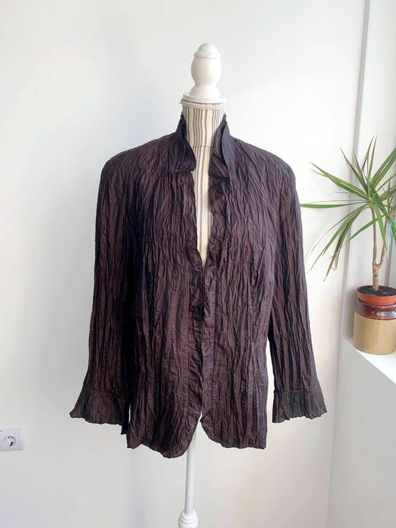 Vintage 90s Gerry Weber Copper Brown Blazer For Women Size XL, Light Unlined Eggplant Burgundy Crepe Jacket, Spring Satin Zip Up Outerwear