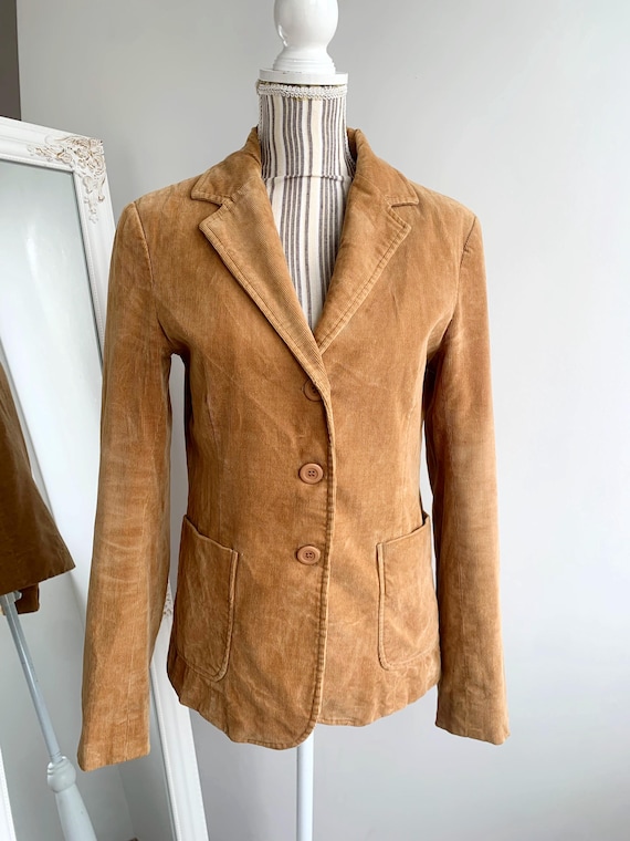 Vintage 90s Camel Brown Cotton Corduroy Blazer for Women Size S/M, Spring Fall Casual Fitted Velvet Jacket, Slim Fit Velveteen Cropped Coat