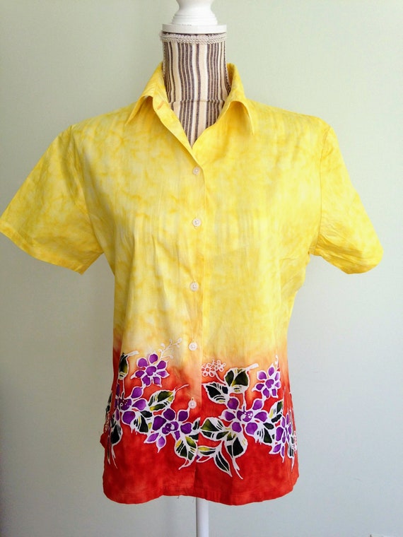 Stamped Floral Shirt in Yellow and Orange, Vintag… - image 2