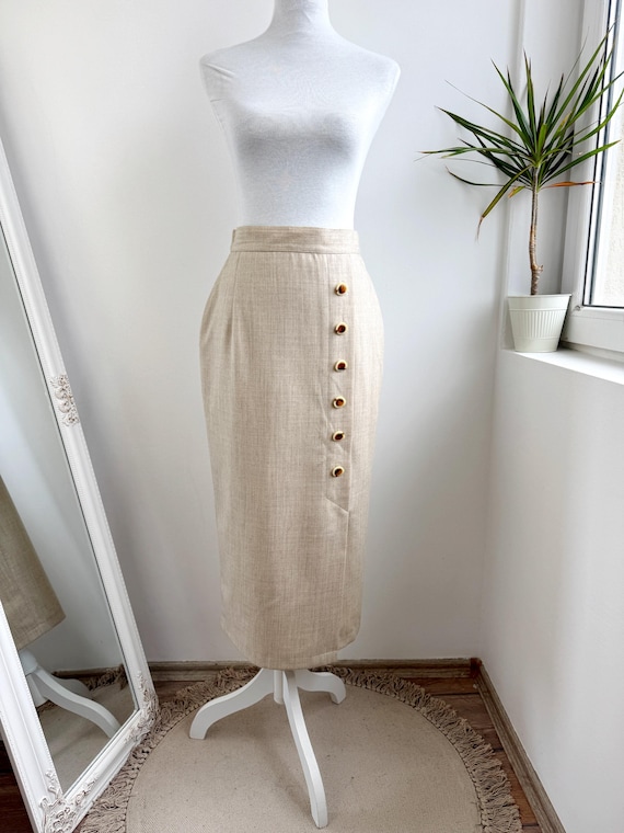 100% Wool Long Pencil Skirt Size S, Vintage Italian Beige High Waisted Midaxi Skirt, Minimalist Neutral Maxi Column Skirt with Side Buttons