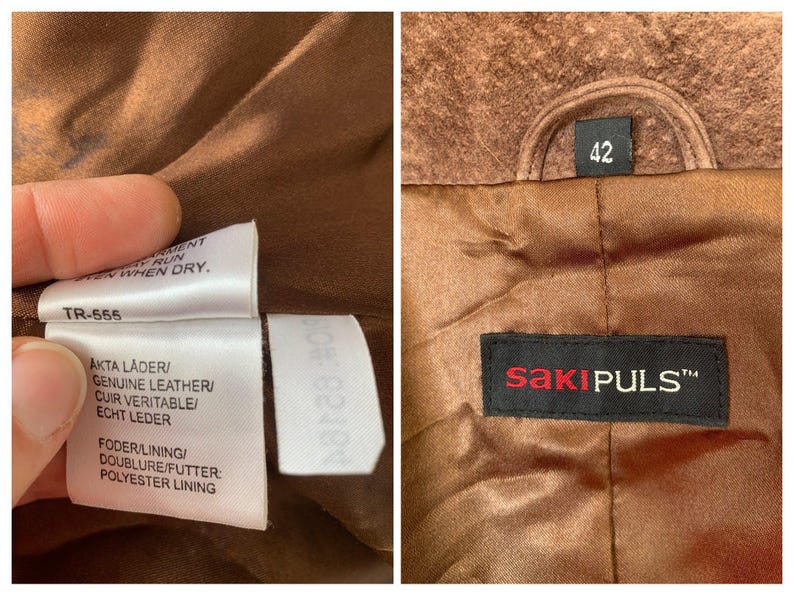 May include: Brown leather jacket with a brown lining and a black label that says "SAKIPULS&trade;". The jacket has a size tag that says "42".