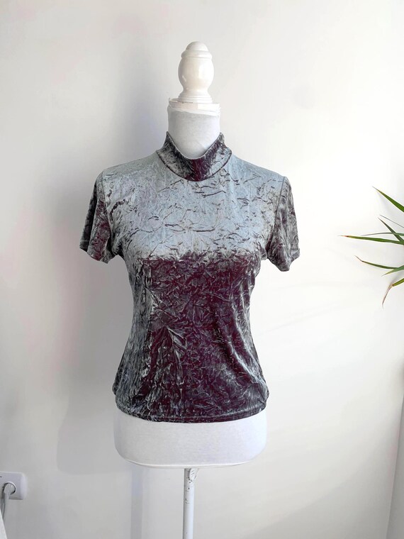 Vintage Crushed Velvet Mock Neck Top Size S/M, 90s Y2K Silver Grey Sage Green Burgundy Red Metallic Short Sleeve Shirt, Grunge Turtleneck