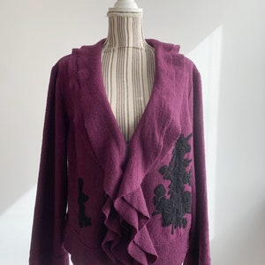 Blazer en laine violet vintage pour femme taille XL, blazer en laine non doublé avec encolure à volants, manteau court en laine, veste courte en laine, cardigan en laine image 5