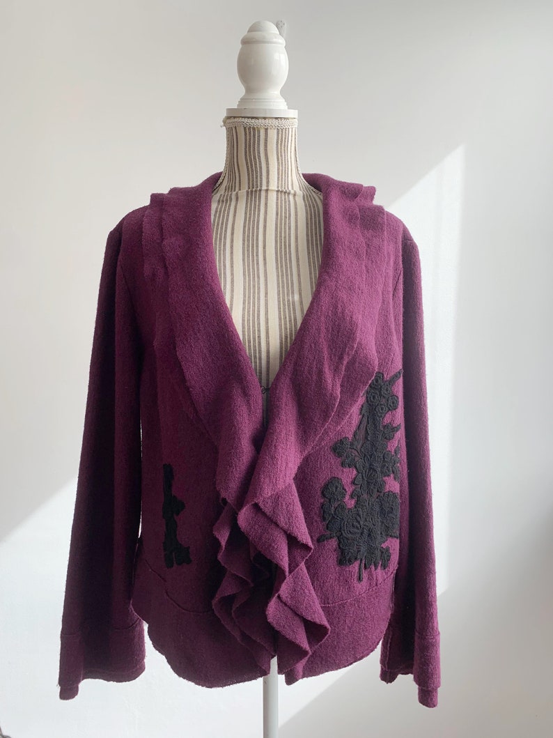Blazer en laine violet vintage pour femme taille XL, blazer en laine non doublé avec encolure à volants, manteau court en laine, veste courte en laine, cardigan en laine image 5