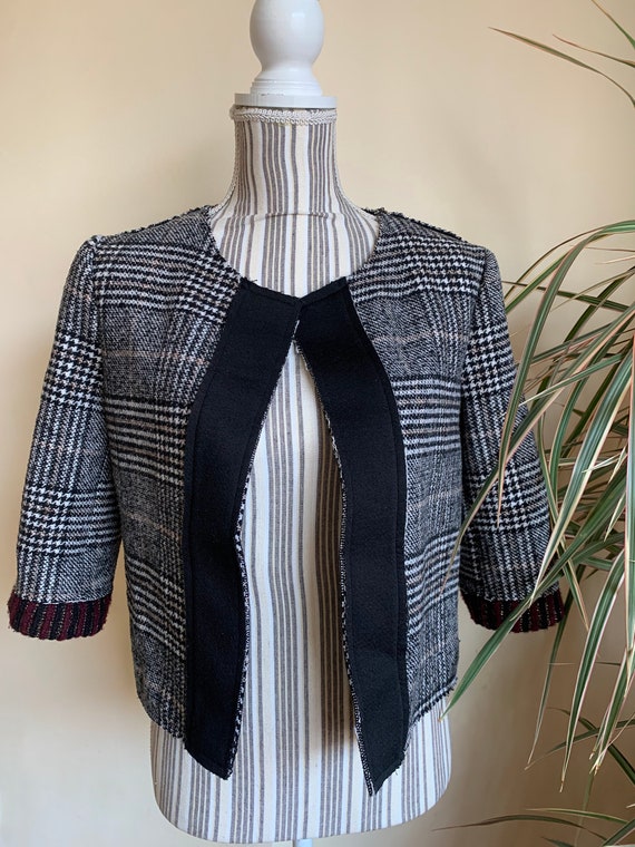 Vintage Cropped Tweed Coat for Women Size S, Y2K Open Front Short Blazer, Houndstooth Checkered Spring Jacket, Classic Half Sleeve Bolero
