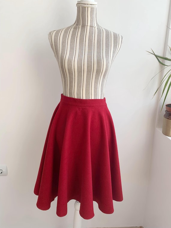 Midi Red Wool Skirt Size XS, Vintage Swing Wool Skirt, Knee Length Wool Circle Skirt, Winter Autumn Skirt Women, High Waisted Wool Skirt