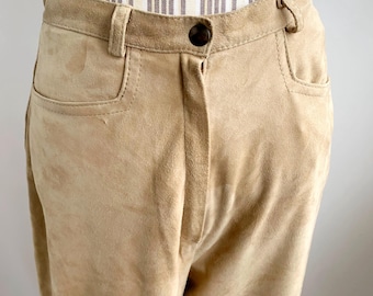 Camel Suede Leather Pants for Women Size M L Vintage Super Soft 100% Real Leather High Waist Mom Fit Trousers Western Cowboy Nubuck Bottoms