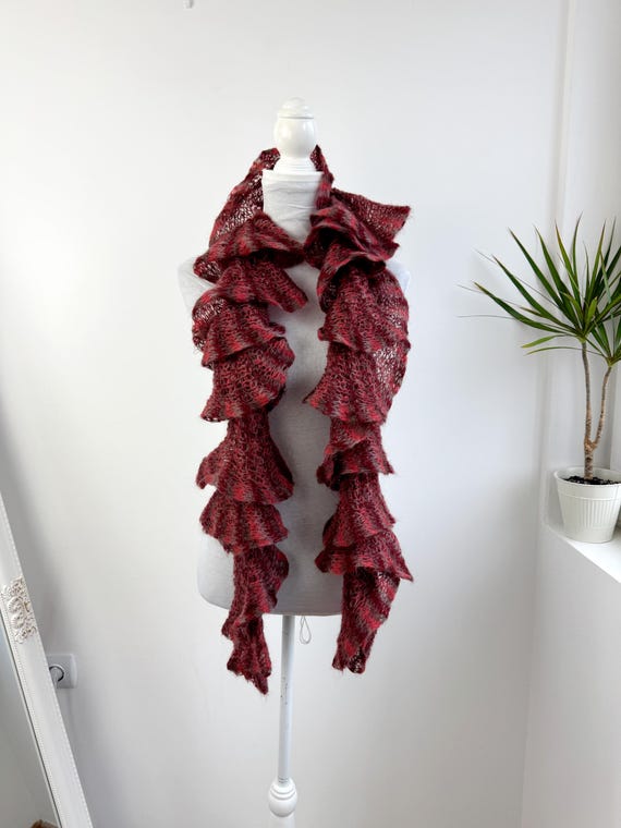 Vintage Brick Red Ruffle Knit Boa Scarf, Terracotta Marled Mohair Shawl, Y2K Romantic Grunge Fairycore Wrap, Burnt Orange Potato Chip Scarf