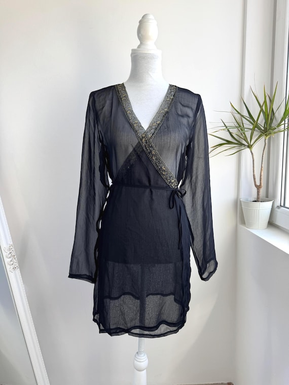 Vintage Sheer Black Wrap Dress, Gold Star Beaded Mesh Kaftan Cover Up, Beadwork Boho Festive Party Mini Dress, Long Sleeve Kimono Size M