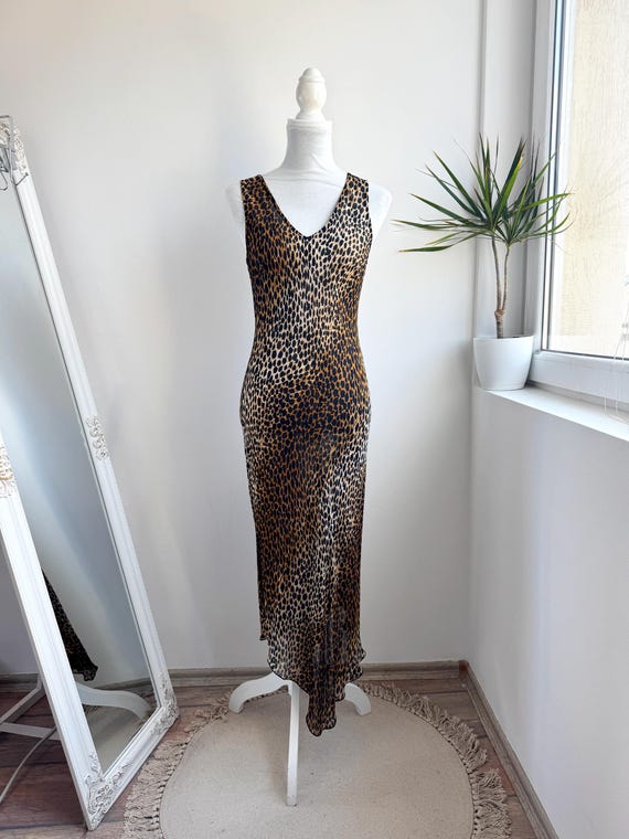 Vintage 90s Leopard Print Bodycon Maxi Dress, Semi Sheer V Neck Sleeveless Asymmetrical Dress, Slinky Animal Print Long Slip Dress Size S/M