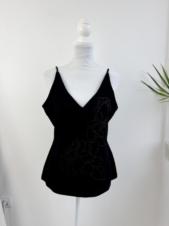 Vintage 90s Black Velvet Cami Top, Floral Camisole, Y2K Velvet Tank Top, Elegant Gothic Sleeveless Blouse, Whimsigoth Vest Size XL