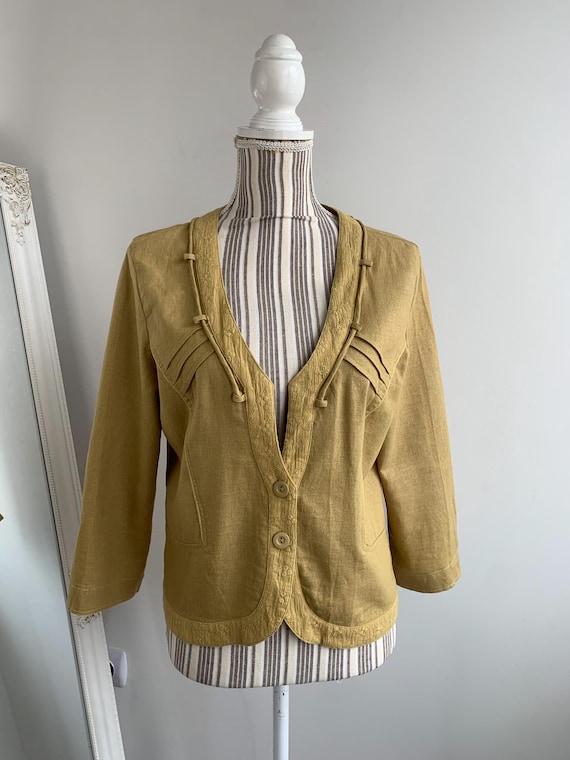 Vintage Mustard Green Linen Bolero Jacket Size L, Linen Blazer for Women, 3/4 Sleeve Short Linen Coat, Cropped Linen Jacket, Linen Clothing