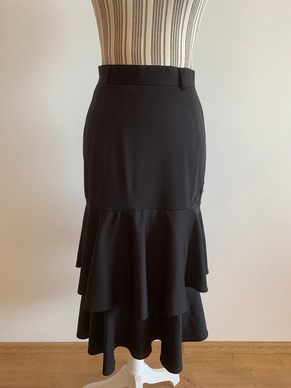 Vintage 90s Black Trumpet Mid Calf Midi Skirt Size S, Layered Frilly Pin Up Wiggle Skirt, Fitted Top Frilly Bottom Tiered Mermaid Skirt