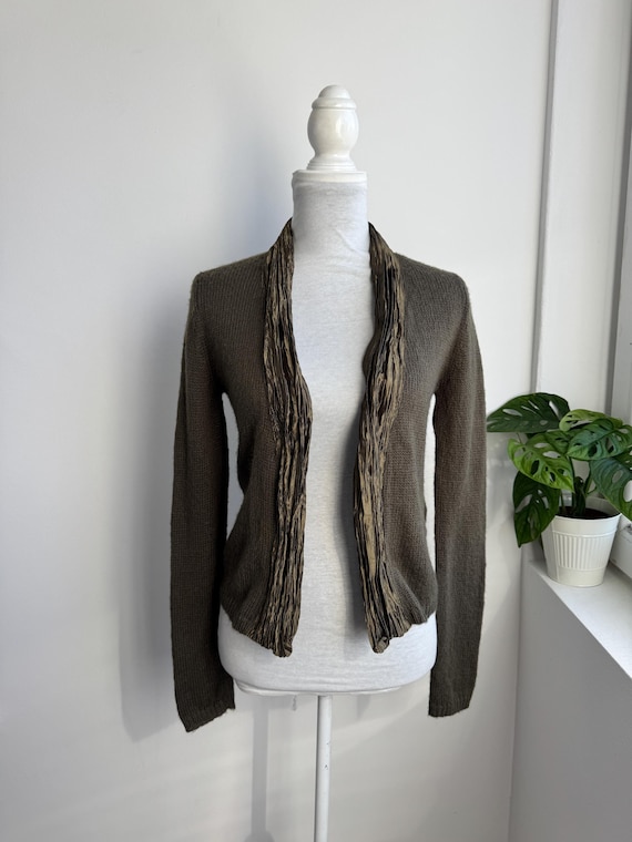 Vintage Olive Green Mohair Wool Blend Cardigan Size EUR 36 S, Open Front Shimmer Trim Lonf Sleeve Sweater, Y2K Whimsigoth Knit Jacket