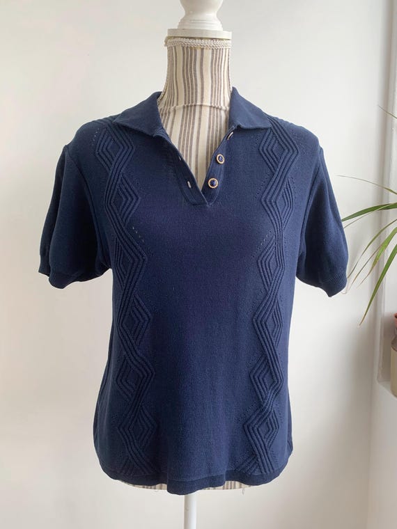 Vintage Short Sleeve Sweater Top Size M, 80s Collared Knitted Top, Stretchy Pullover Blouse, Navy Blue Half Button Tee, Knit Polo Shirt