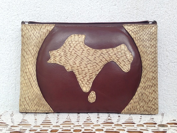 Snake Skin Slim Leather Clutch Purse, Tan Beige and Brown Genuine Leather Vintage Handbag, 70s Reptile Envelope Purse