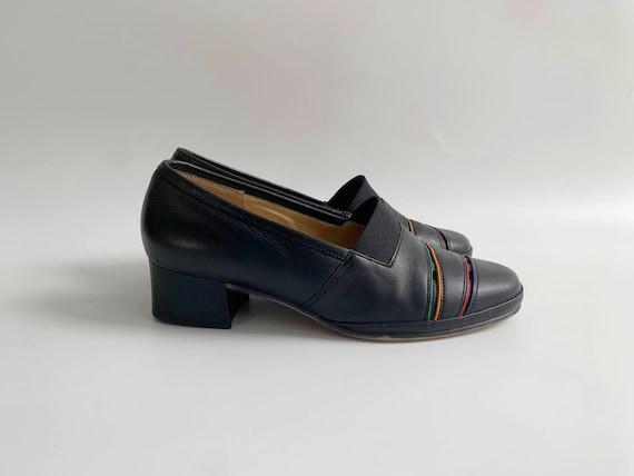 Vintage Black Leather Loafers for Women UK 5/ US 7.5/ EUR 38, Gabor Round Toe Low Block Heel Slip On Shoes, 90s Striped Elastic Loafer Shoes
