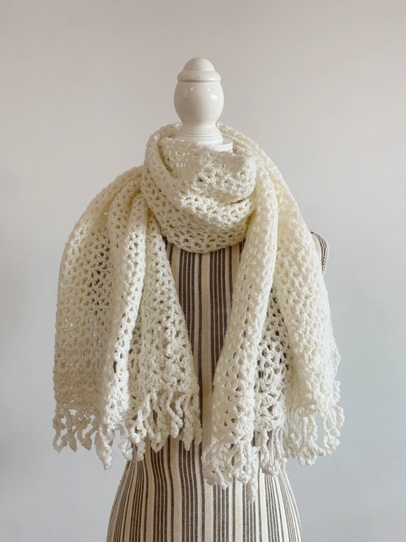 White Lace Crochet Scarf with Tassels, Warm Long Fringed Scarf, Bulky Acrylic Wool Winter Scarf, Soft Cozy Oversized Scarf, Knit Neck Warmer