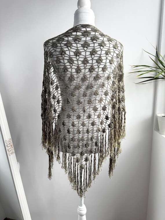 Vintage Khaki Green Crochet Shawl with Long Fringe, 70s Style Boho Evening Wrap, Silky Viscose Lace Triangle Scarf, Retro Wedding Accessory